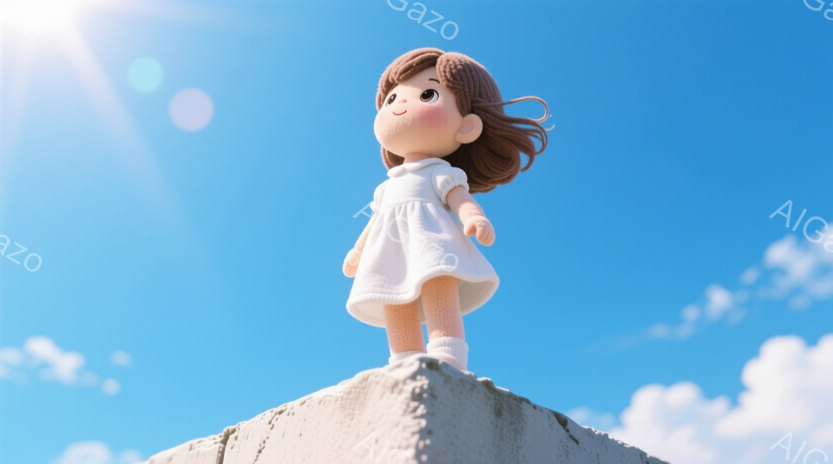 踏んでしまった　かもしれない　明るい青空の下、少女が丘の上に立っている。白いワンピースと、薄いピンク色の靴下を履き、茶色の短い髪は風になびいている。彼女は上を見上げ、穏やかで希望に満ちた表情をしている。