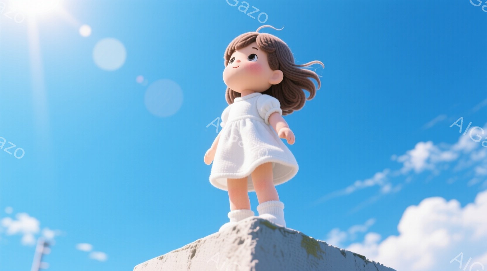 踏んでしまった　かもしれない　少女は白いワンピースと白い靴下を履き、少しカールした茶色の髪で、明るい青空を背景に岩の上で立っています。彼女は上を見上げており、穏やかで希望に満ちた表情をしています。背景には白い雲が浮かび、晴れた日の穏やかで夢のような雰囲気を醸し出しています。