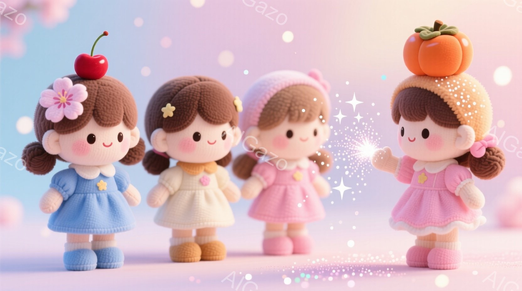 先輩に魔法の粉をかけられた　可愛らしい人形が四体、整列して立っています。それぞれ異なる色のワンピースを着ており、髪型も異なり、一人は桜の髪飾り、一人は星の髪飾り、一人は頭にカボチャ、そして最後の一人はシンプルな髪型です。背景は淡いピンクと紫のグラデーションで、キラキラとした粒子が舞い、夢のような優しい雰囲気を醸し出しています。