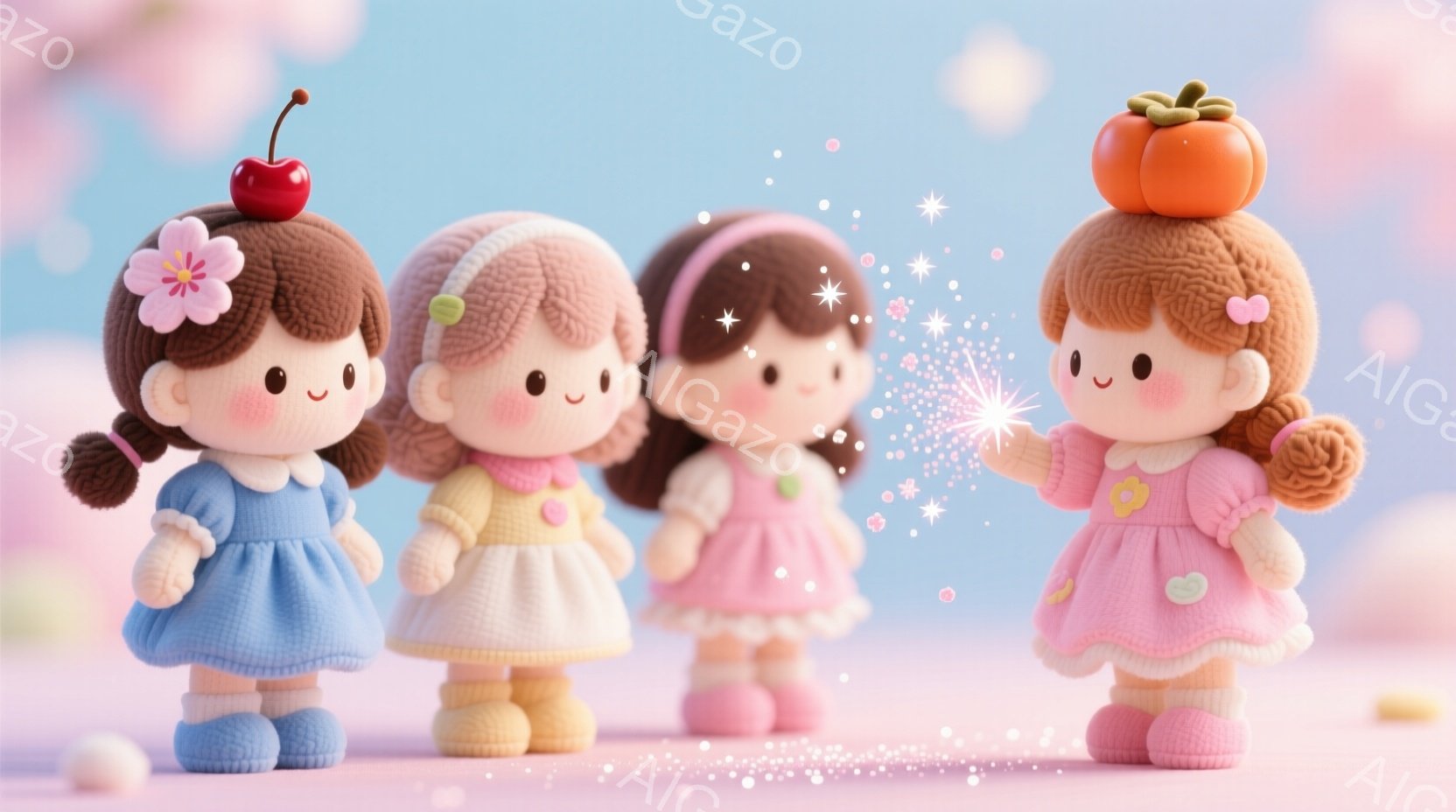 先輩に魔法の粉をかけられた　柔らかい色合いの背景に、可愛らしい人形たちが横一列に並んでいます。各人形は、それぞれ異なる色のニットのようなセーターとスカートを身につけ、頭にはサクランボや柿などの果物が飾られています。一人の人形は手を広げ、キラキラと輝く魔法のような光を放ち、全体的に夢のような、暖かく優しい雰囲気が漂っています。