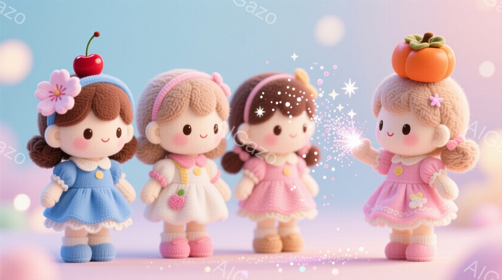 先輩に魔法の粉をかけられた　鮮やかな背景を前に、四人の可愛らしい人形が並んでいます。各人形はそれぞれ異なる色のドレスと髪型で、頭にはチェリーや柿などの果物が載せられています。人形たちは皆、微笑んでおり、きらめく光が周囲を漂う、夢のような雰囲気を醸し出しています。