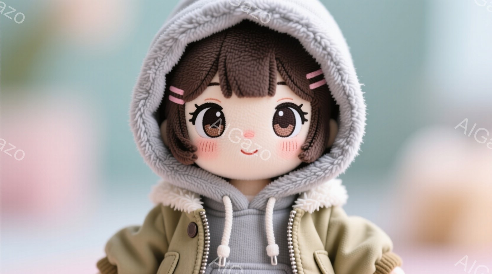 純粋とは何でしょうか　茶色の巻き毛の髪型をした女の子の人形が写っています。オリーブグリーンのジャケットと白いフリース裏地のフード付きセーターを着ており、丸い頬は赤く、大きな瞳が特徴です。背景はぼやけて - AI生成フリー素材