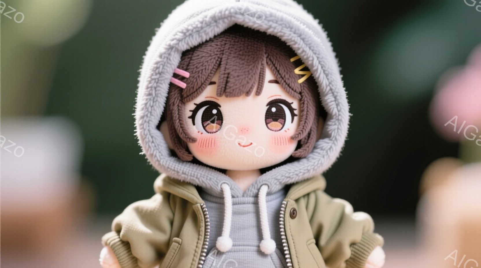 純粋とは何でしょうか　茶色の髪にピンクのヘアピンをつけた可愛らしい女の子の人形が写っています。オリーブグリーンのジャケットとグレーのニットを着ており、ほほえみを浮かべた表情が印象的です。背景はぼやけていますが、緑豊かな自然や建物が見え、柔らかく温かい雰囲気を醸し出しています。