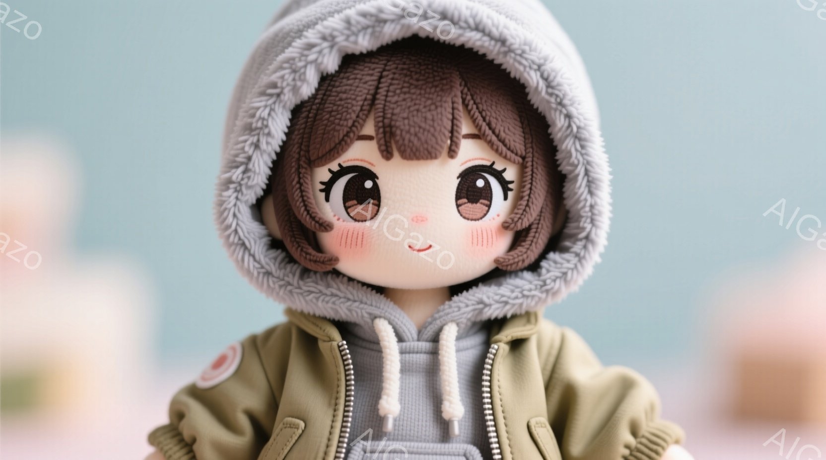 純粋とは何でしょうか　茶色の巻き毛の髪型に、緑色のパーカーとグレーの長袖シャツを着た女性の人形が写っています。人形は大きな瞳と少し赤らんだ頬をしており、穏やかな表情です。背景はぼやけた淡い水色の建物で、全体的に柔らかく可愛らしい雰囲気です。