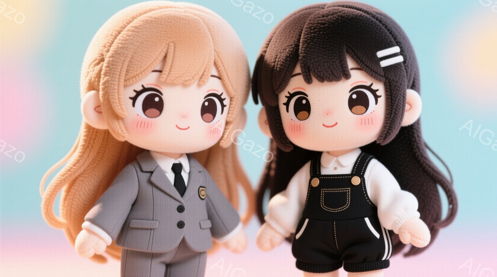 卒業する二人　2人の人形が並んで立っています。右の人形は黒髪で、白いブラウスと黒いオーバーオールを着ています。左の人形は金髪で、グレーのスーツにネクタイを締めており、人形たちは笑顔で正面を見ています。