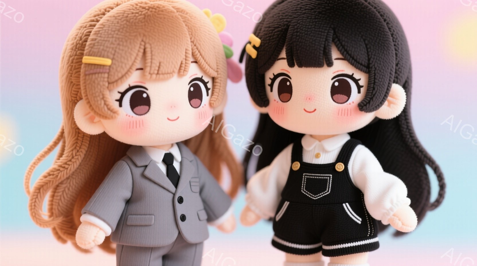 卒業する二人　画像には、2体の可愛らしい人形が並んで立っています。片方の人形はグレーのスーツにネクタイ、もう片方は白いシャツに黒いオーバーオール姿で、それぞれ異なる服装をしています。背景は淡いピンクと - AI生成フリー素材