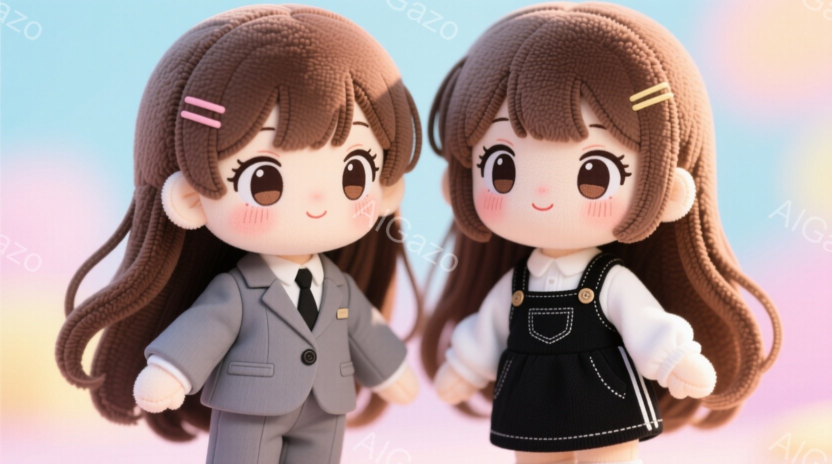 卒業する二人　2人の少女が並んで立っています。左の少女はグレーのスーツと黒いネクタイ、右の少女は白いブラウスと黒いオーバーオールを着ており、どちらも茶色の巻き毛にヘアピンをつけています。背景は淡いピンクとオレンジのグラデーションで、柔らかく穏やかな雰囲気です。