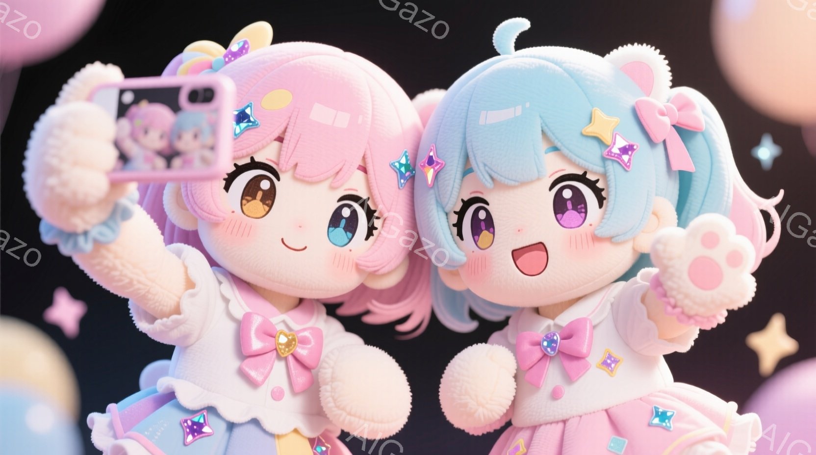 プリクラ?を撮る先輩と後輩　ふわふわしたぬいぐるみのようなキャラクターが二人、お互いに寄り添って写っています。ピンクと水色の髪を持ち、それぞれ異なる色のパステルカラーのワンピースを着ています。背景にはキラキラと輝く星とパステルカラーの雲が浮かび、夢のような雰囲気を醸し出しています。