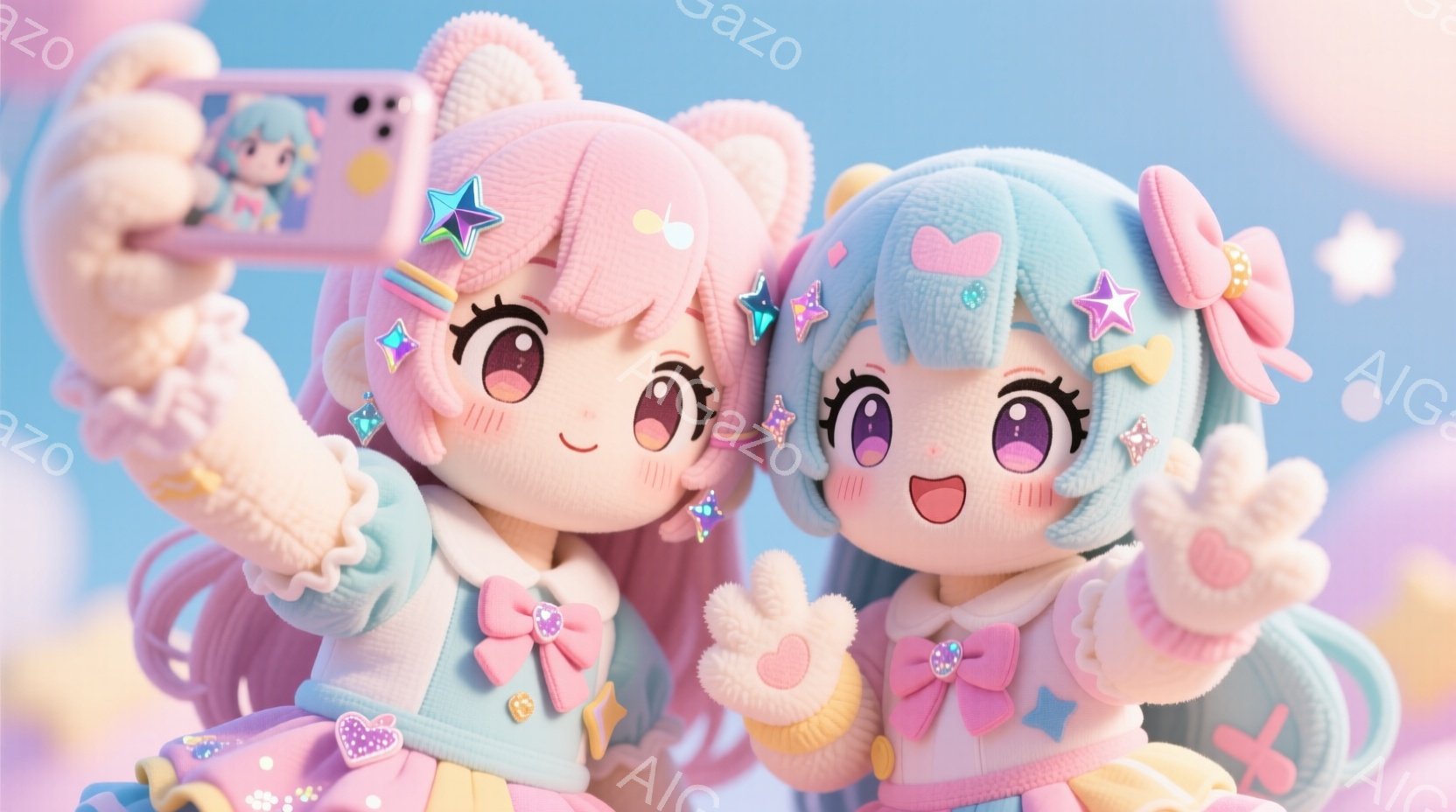 プリクラ?を撮る先輩と後輩　ふわふわした髪と大きな瞳を持つ2人の女の子が寄り添っています。ピンクと水色の髪には星やハートの飾りが付き、パステルカラーの可愛らしい衣装を着ています。背景は淡いピンクと紫のグラデーションで、雲のような模様があり、夢のような雰囲気を醸し出しています。