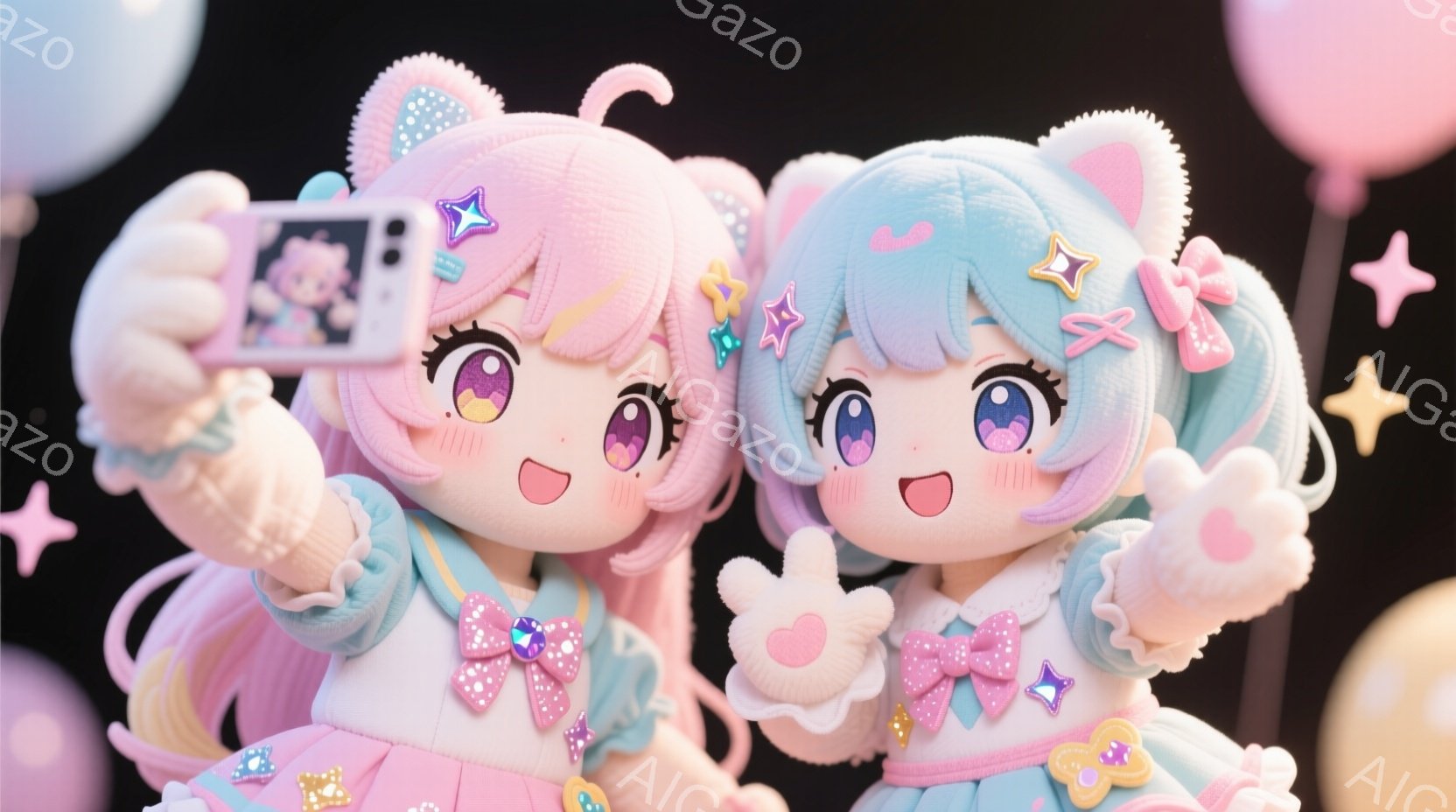 プリクラ?を撮る先輩と後輩　ふわふわした髪と大きな瞳を持つ2人の人形が並んでいます。ピンクと水色の髪には星の飾りがあり、それぞれ異なる色のリボンとフリルがついた可愛らしいドレスを着ています。背景にはパステルカラーの風船が浮かび、全体的に夢のような、愛らしい雰囲気を醸し出しています。