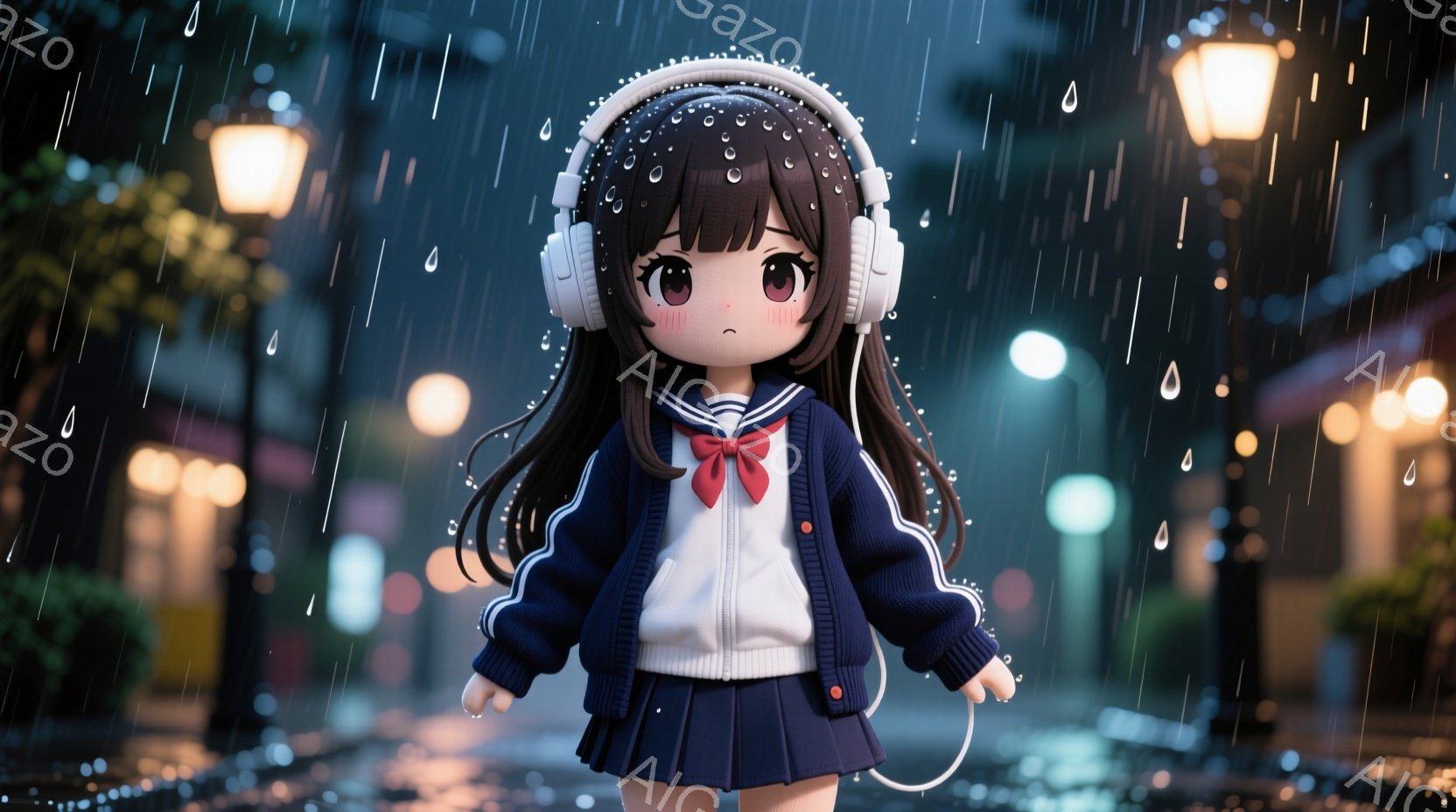 新参者　長い黒髪にヘッドホンをつけた少女が描かれています。彼女は紺色のセーラー服と赤いリボンを身につけ、少し悲しげな表情をしています。背景は雨の夜の街並みで、遠くにはぼやけた街灯が見え、全体的に物憂げで静かな雰囲気が漂っています。