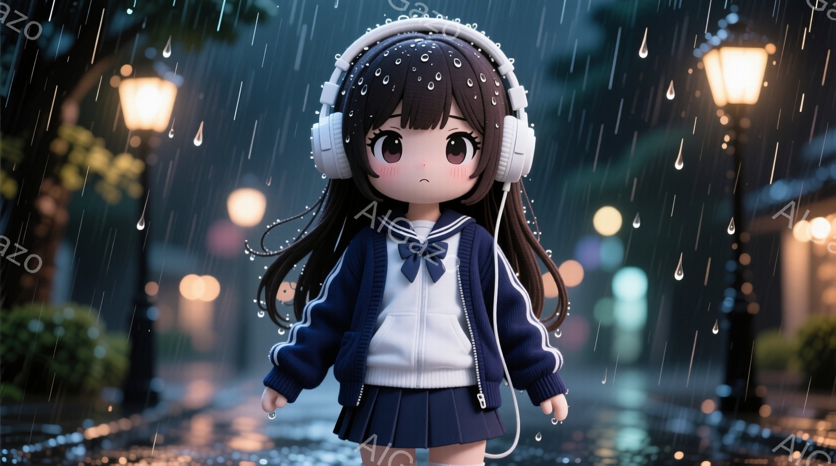 新参者　長い黒髪にヘッドホンを装着した少女が、紺色のセーラー服を着て立っている。雨が降っており、彼女は少し憂いのある表情で前を見つめている。背景にはぼやけた街灯と緑豊かな木々が見え、全体的に物憂げで幻想的な雰囲気が漂っている。