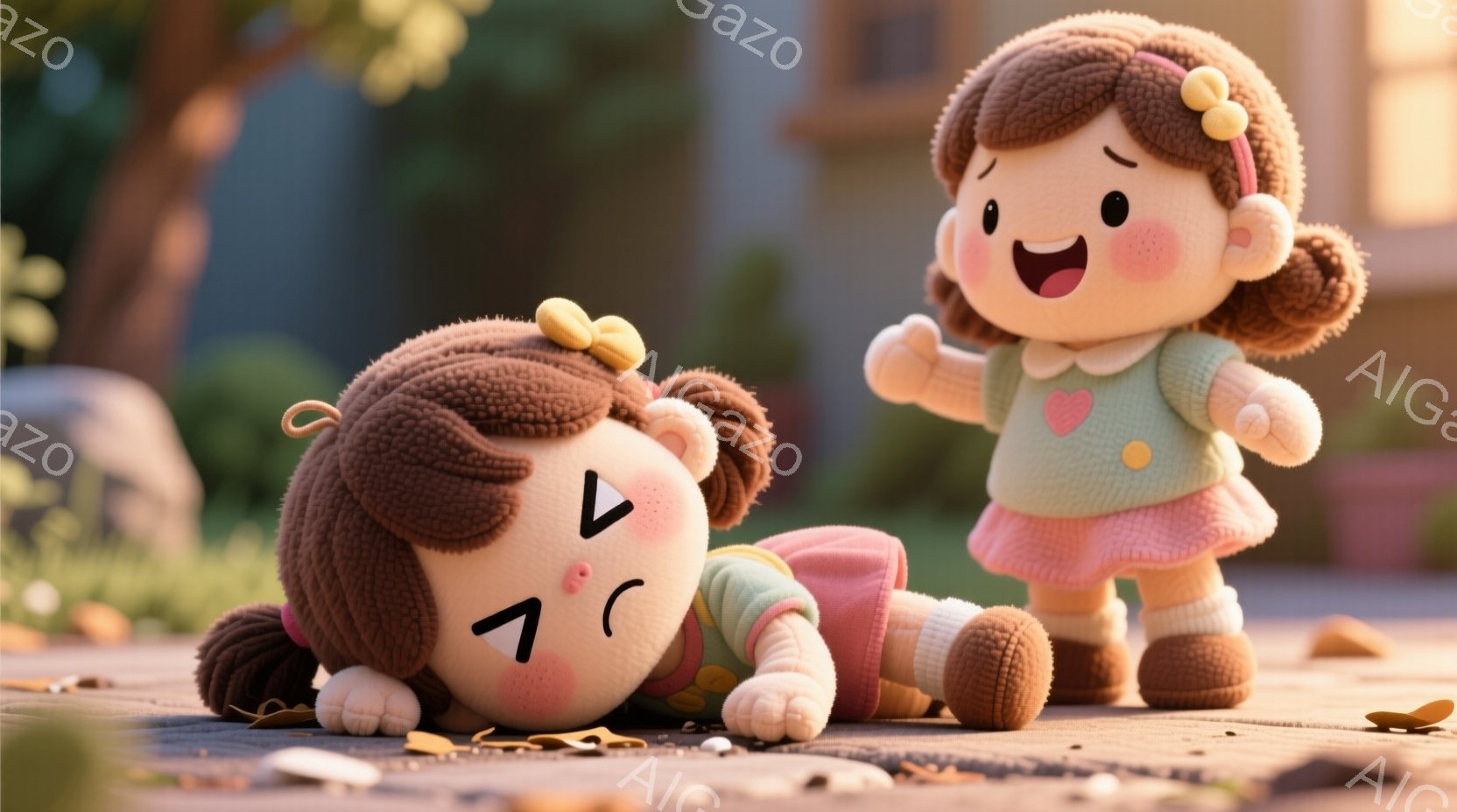 ちょっとこけたら　頑張って　と言われた　ふたつの可愛らしい女の子の人形が描かれています。一人はピンクのワンピースと緑のセーターを着て、髪には黄色いリボンをつけて笑顔で立っています。もう一人は緑とピンクの服を着て地面に倒れており、目をつぶって困った表情をしています。