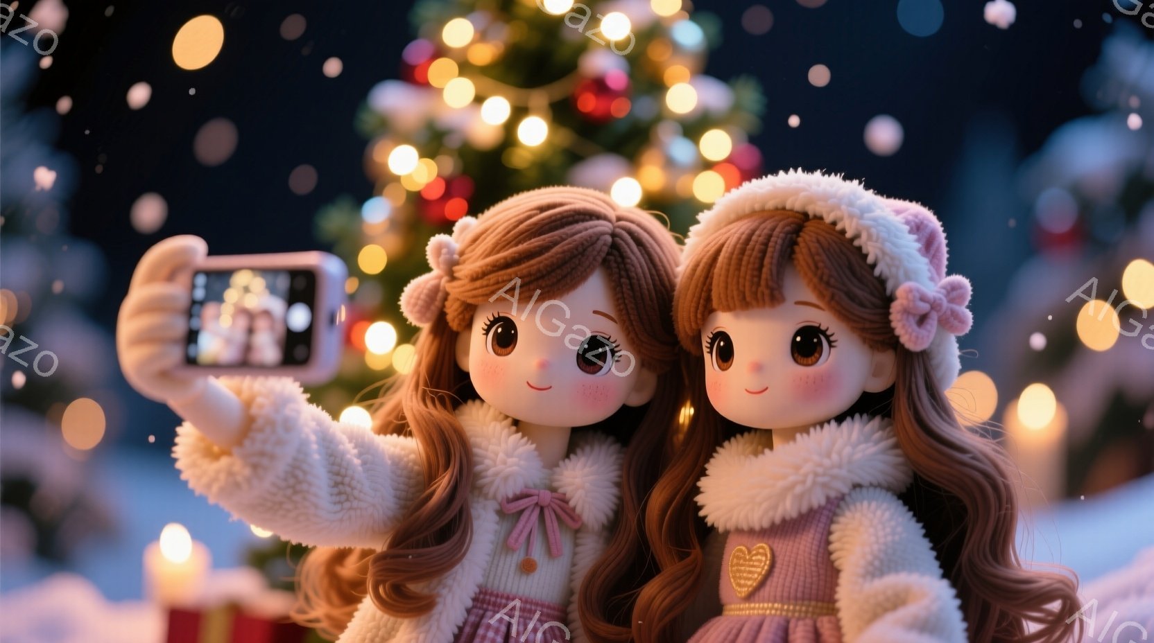 先輩ととデートした　二人の少女が、クリスマスの背景の前で自撮りしている様子が描かれています。彼女たちは、毛皮の襟付きのセーターとピンクのリボンが付いたスカートを着ており、顔には明るい笑顔が浮かんでいます。背景にはぼやけたクリスマスツリーと、雪が降る夜空が広がり、暖かく、お祝いムードに包まれた雰囲気です。