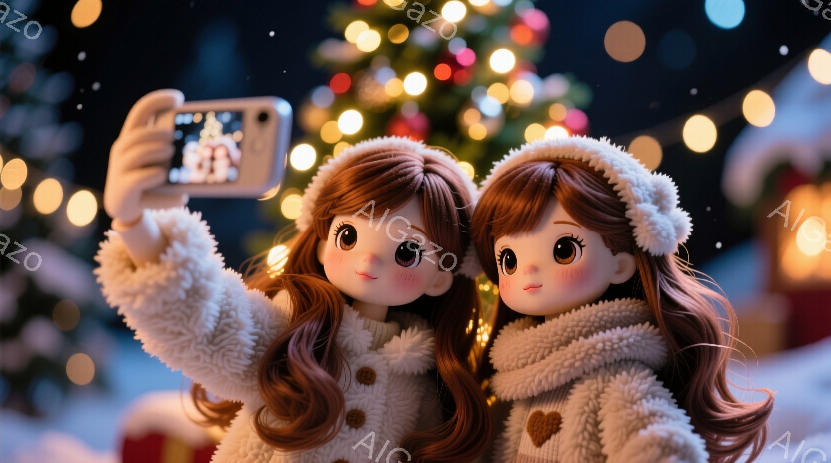 先輩ととデートした　金髪の巻き毛に白い帽子をかぶり、白いコートを着た2人の女の子が寄り添って自撮りをしています。彼女たちは頬を赤らめ、楽しそうな表情をしています。背景には、ぼやけたクリスマスツリーと、雪が舞う夜の風景が広がっており、温かく幻想的な雰囲気を醸し出しています。