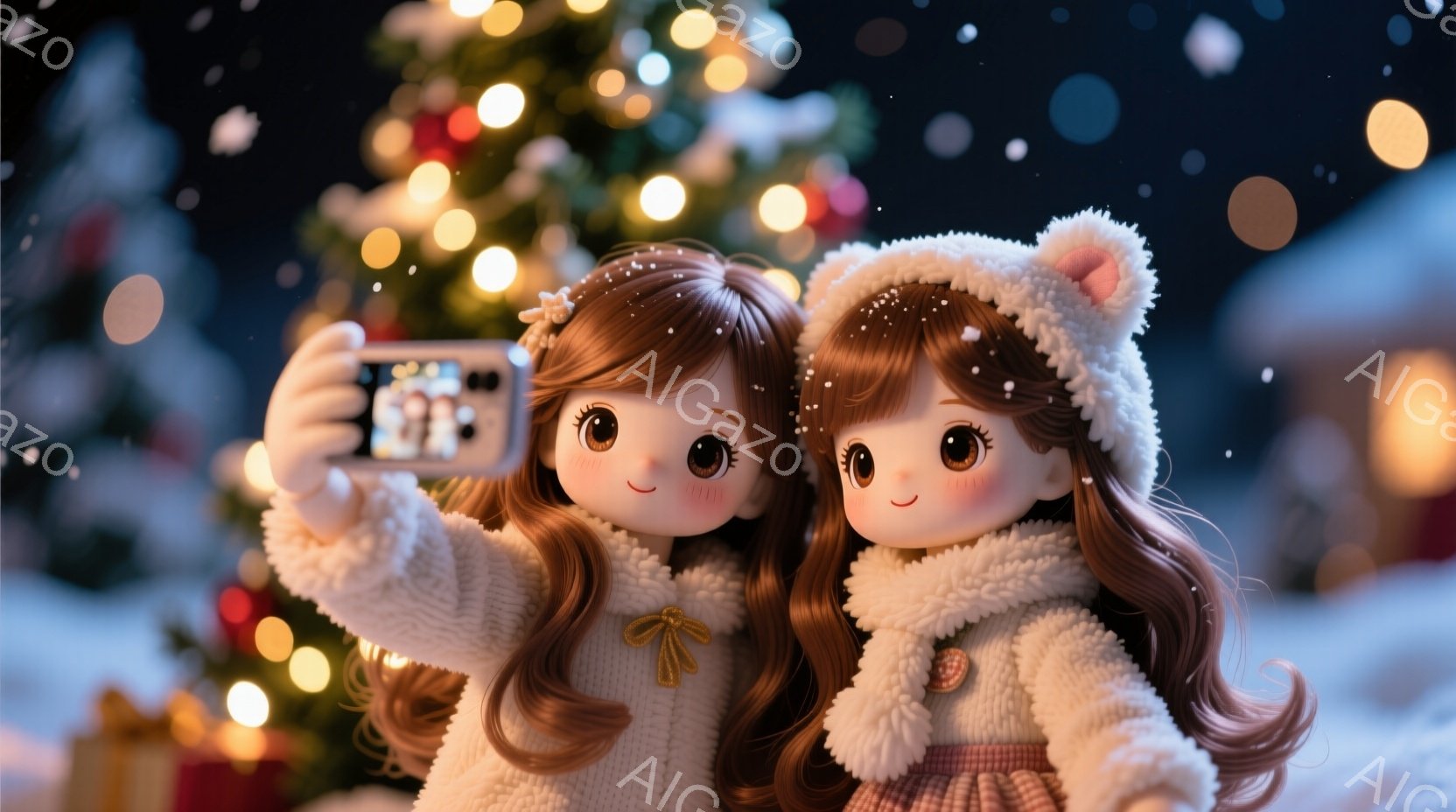 先輩ととデートした　2人の女の子がお揃いの白いコートと帽子を着用し、クリスマスツリーの前でセルフィーを撮っています。彼女たちは長い茶色の巻き毛で、笑顔で可愛らしい表情をしています。背景には雪が降る夜の街並みと、キラキラと輝くクリスマスツリーのライトが見え、温かく幻想的な雰囲気が漂っています。
