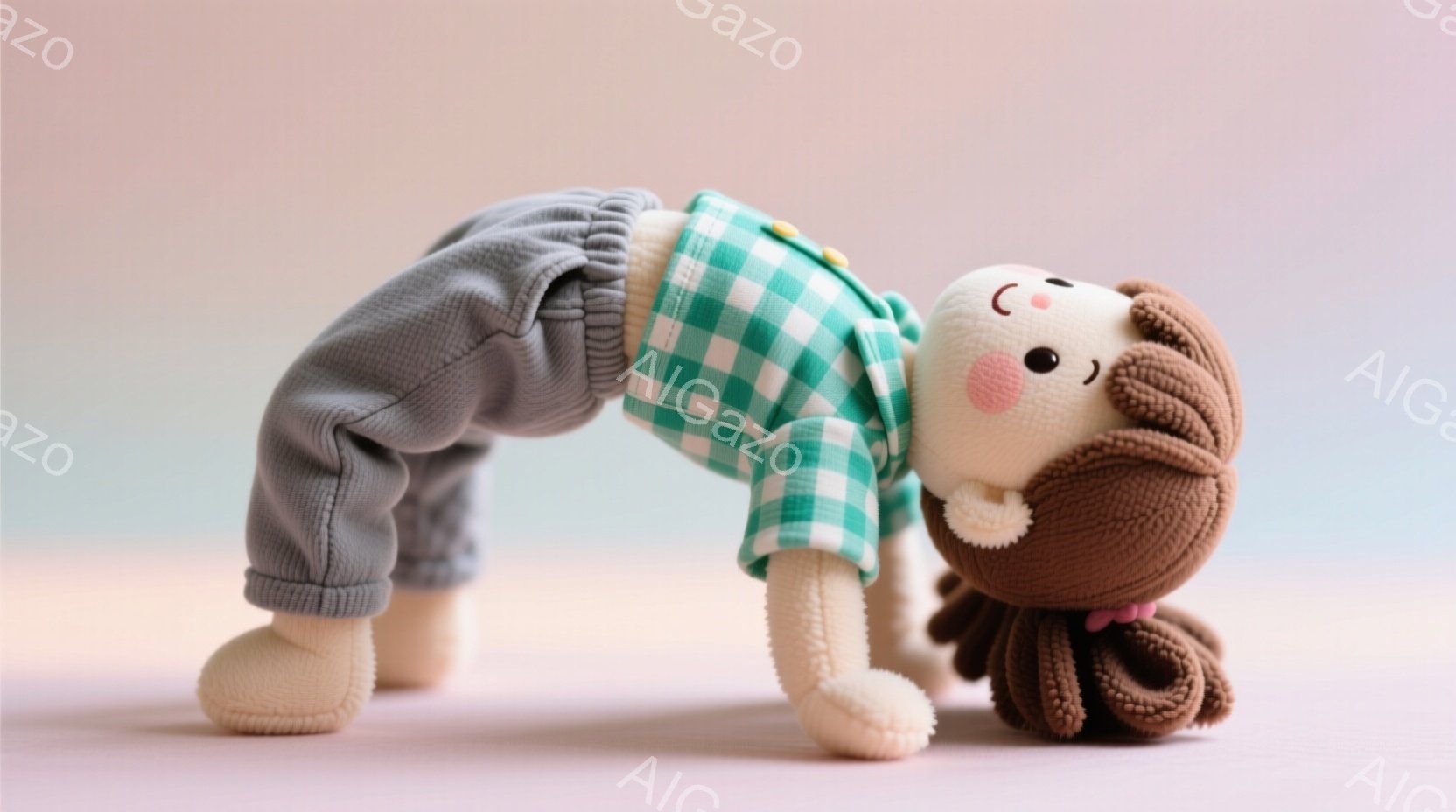 良い写真　ブリッジしながら頑張ります　人形が体を大きく反らせて、ヨガのポーズをとっています。人形はチェック柄の緑色のシャツと灰色のズボンを着用しており、茶色の巻き毛の髪型をしています。背景は淡いピンク色で、全体的に柔らかく、遊び心のある雰囲気です。