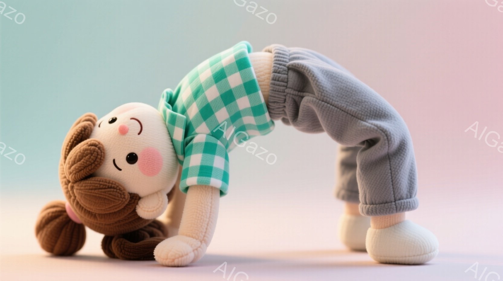 良い写真　ブリッジしながら頑張ります茶色の巻き毛の髪型をした、つるりとした肌の女の子のおもちゃが描かれています。彼女はチェック柄の緑色のシャツと灰色のズボンを着ており、背中を丸めてアーチ状のポーズをとっています。背景は淡いピンクと白のグラデーションで、柔らかく温かい雰囲気です。