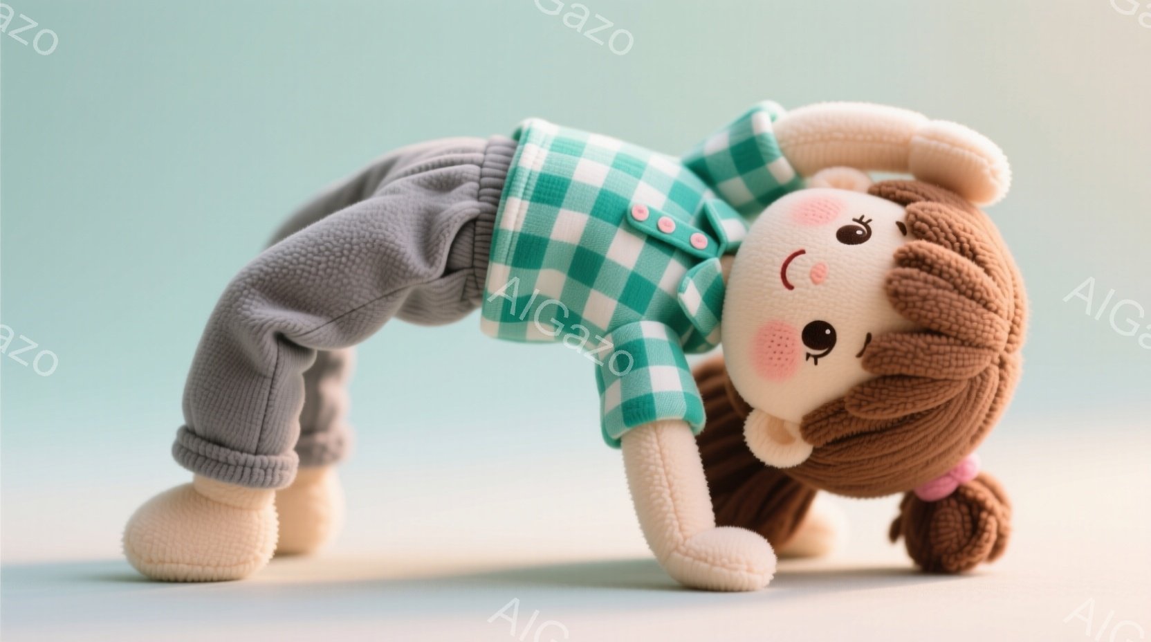 良い写真　ブリッジしながら頑張ります　茶色の髪を二つに結んだ、可愛らしい人形が描かれています。人形はチェック柄の緑色のシャツとグレーのズボンを身につけ、体を大きく反らせたポーズをとっています。背景は淡い水色で、人形が引き立つようにシンプルにまとめられています。