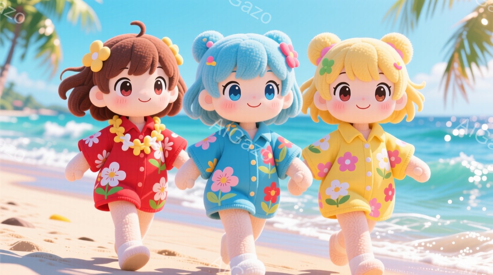 チーム関西　鮮やかな赤、青、黄色のハイビスカス柄のシャツとショートパンツを着た、愛らしい人形が三人、砂浜を歩いています。人形たちは皆、丸い頬と大きな瞳を持ち、笑顔で、首には可愛らしい花のレイを付けています。背景には青い海と白い砂浜、そしてヤシの木が見え、晴れた日の穏やかな南国リゾートの雰囲気が漂っています。