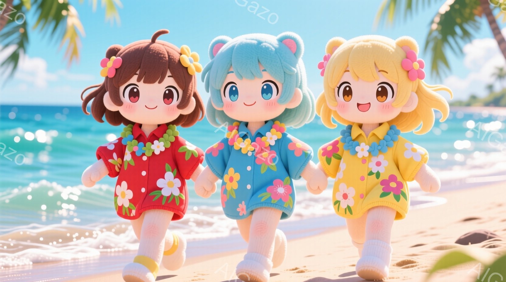 チーム関西　浜辺を歩く3人の可愛らしい女の子たちが描かれています。それぞれ赤い、青い、黄色の花柄のシャツを着ており、茶色、水色、金色の髪に髪飾りをつけています。背景には青い海とヤシの木が見え、晴れた日の穏やかな雰囲気が漂っています。