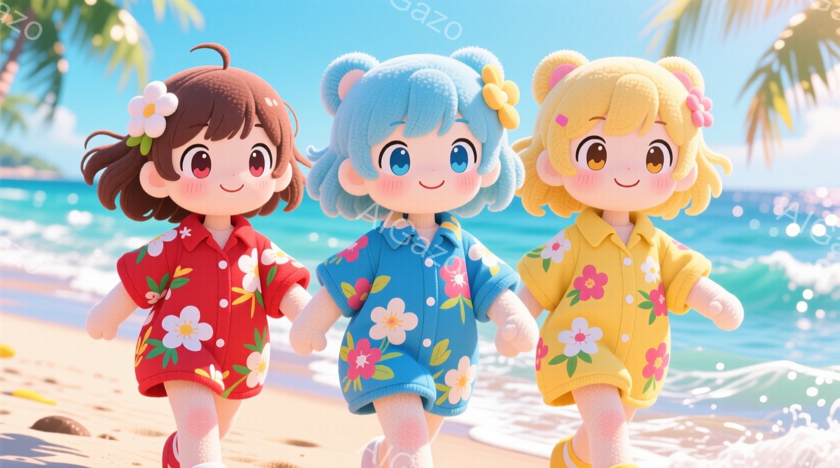 チーム関西　砂浜を歩く、アロハシャツを着た3人の可愛らしい女の子が描かれています。それぞれ赤い、青い、黄色のシャツを着ており、髪には花飾りをつけています。背景には青い海とヤシの木が見え、晴れた日のリゾート地の穏やかな雰囲気が漂っています。