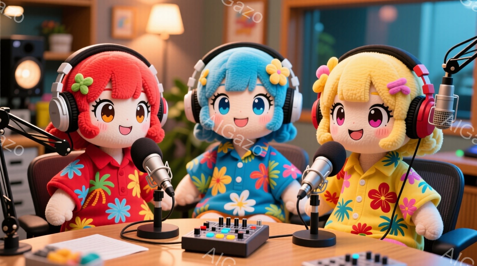 チーム関西　明るいピンク、青、黄色の髪をした３人の愛らしいキャラクターが、それぞれヘッドホンとマイクをつけてラジオブースに座っています。彼らはトロピカルな柄のハワイアンシャツを着ており、それぞれ満面の笑みを浮かべています。背景にはラジオ機器や照明があり、全体的に陽気で楽しい雰囲気が漂っています。