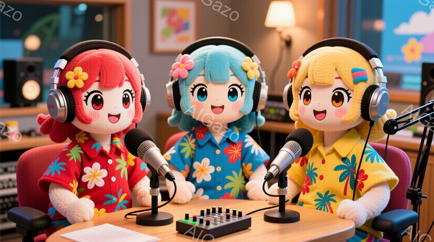 チーム関西　鮮やかなピンク、青、黄色の髪をした、可愛らしい人形のようなキャラクターが三人、マイクに向かって座っています。彼らはそれぞれ、花柄のハワイアンシャツを着ており、ヘッドホンを装着しています。背景には、放送機器やアートワークが見え、ラジオ局のような雰囲気で、全体的に明るく楽しいムードです。