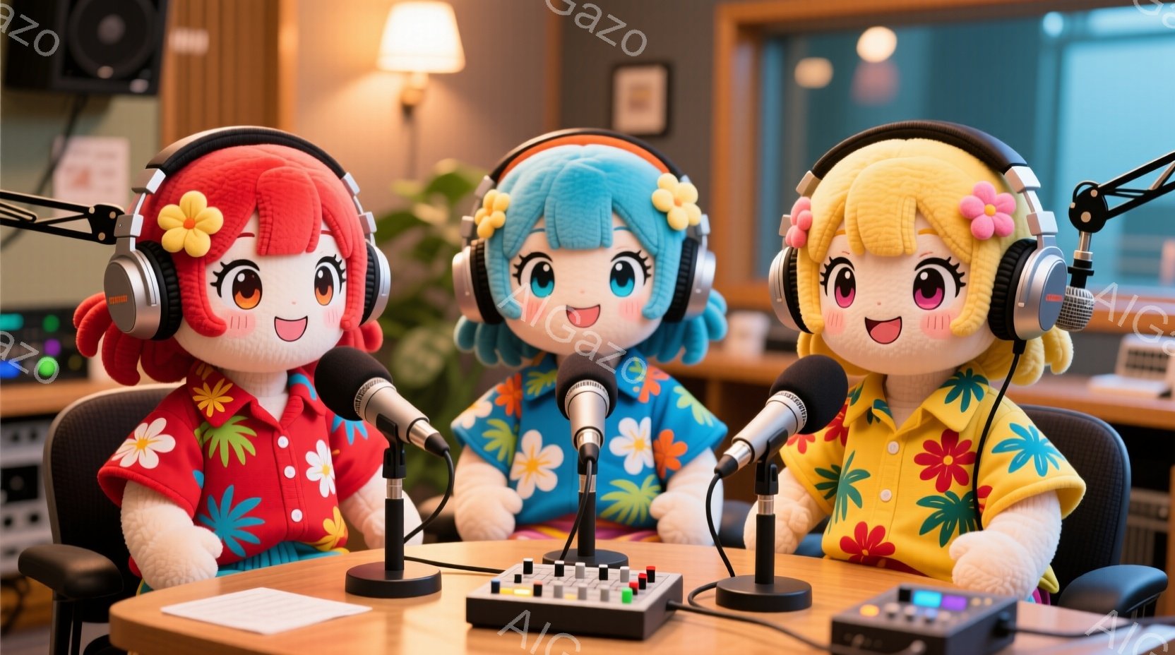 チーム関西　鮮やかなピンク、青、黄色の髪をした3人の可愛らしい女性型ロボットが、それぞれ麦わら帽子をかぶり、ハイビスカス柄のシャツを着ています。彼らは全員マイクに向かって座っており、笑顔で、ラジオ番組やポッドキャストの収録を行っている様子です。背景には、録音スタジオの機材や壁があり、明るく楽しい雰囲気が漂っています。