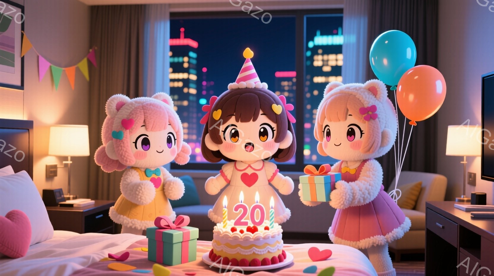 チーム関西 三人の可愛らしい人形がベッドルームで誕生日を祝っています。ピンクと茶色の髪の色をした人形たちは、白いファーの襟と赤いリボンをつけたドレスを着ており、それぞれプレゼントを持っています。背景には夜景が広がり、ベッドの上には「20」と書かれたバースデーケーキとハート型の紙吹雪が散りばめられています。