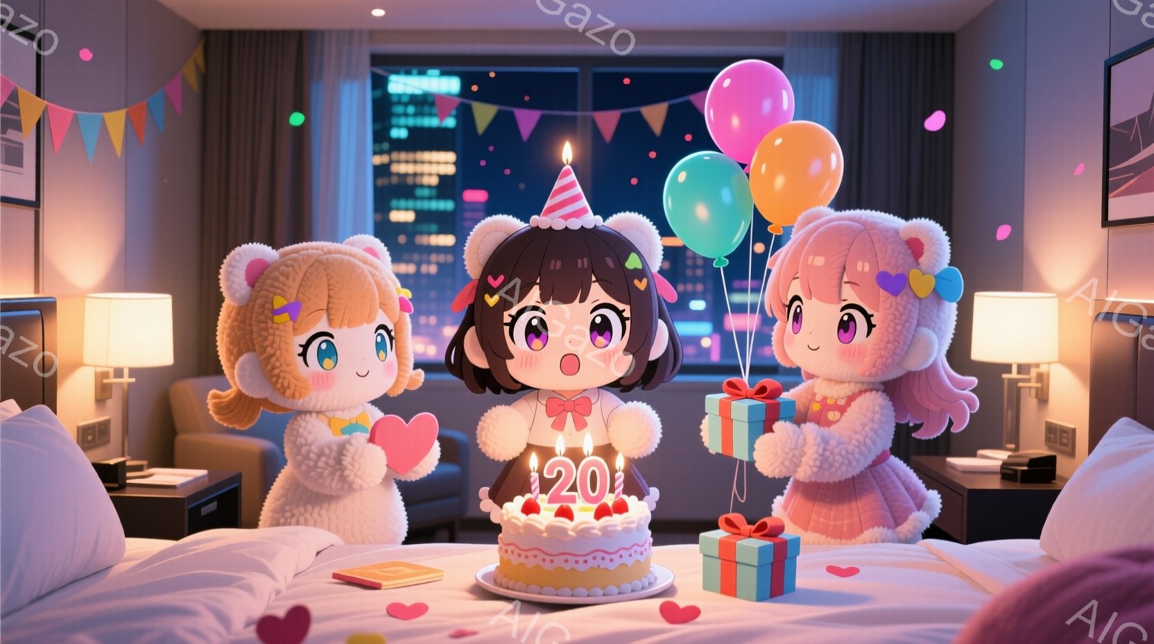 チーム関西 三人の少女がベッドに座り、誕生日を祝っています。彼女たちはふわふわの白い毛皮のコートを着ており、それぞれピンク、茶色、ピンクのヘアスタイルをしています。背景には夜景が見え、ベッドにはケーキ、プレゼント、ハート型の紙吹雪が散りばめられ、お祝いムード満点です。