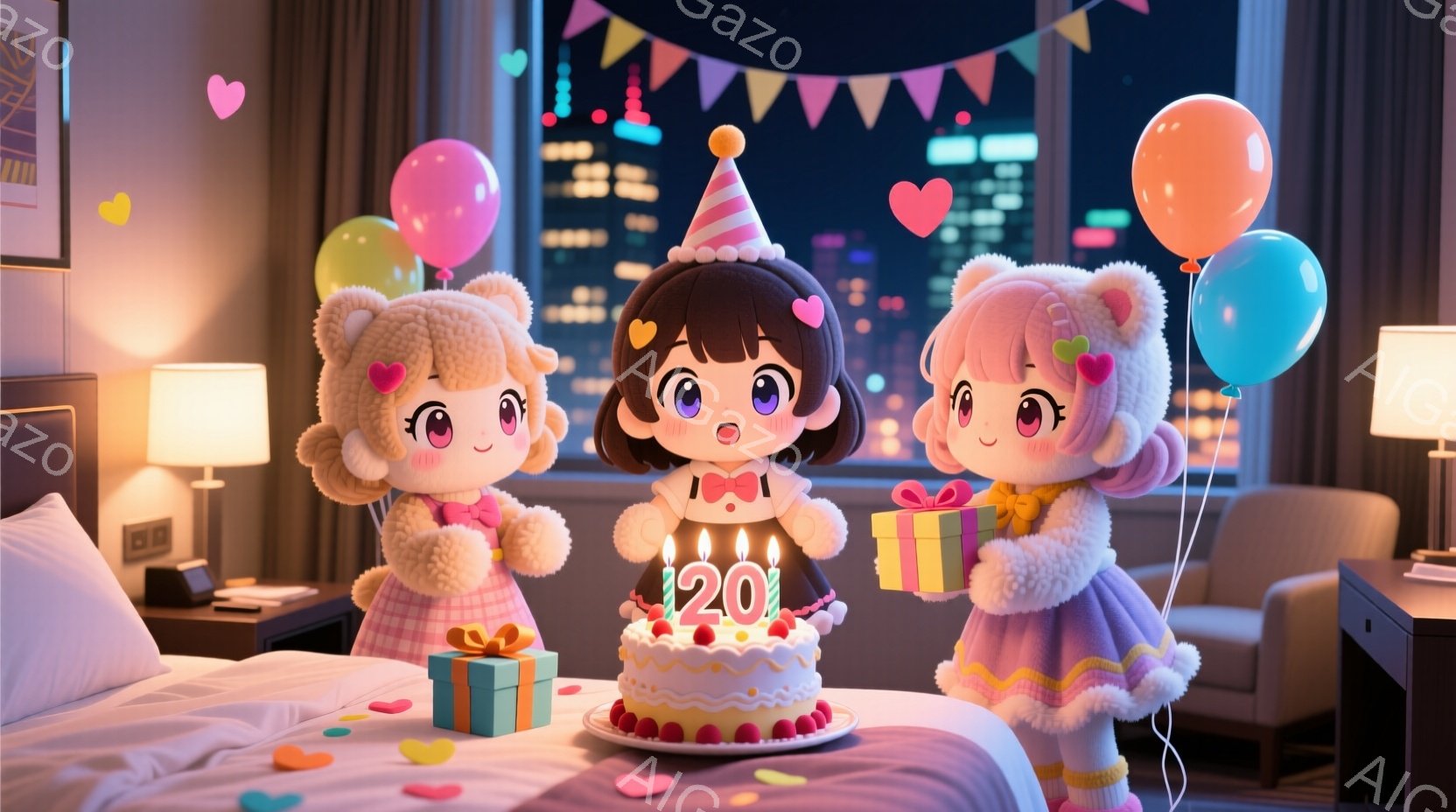 チーム関西 可愛らしい人形たちが、ピンクと茶色の洋服を着て、白いベッドの前に立っている。中央の人形は黒髪でリボンをつけており、両脇の人形はピンク色の髪で、ふわふわの耳がついている。背景には夜景が広がり、ベッドの周りにはプレゼントやカラフルな風船が散りばめられ、お祝いの雰囲気が漂っている。