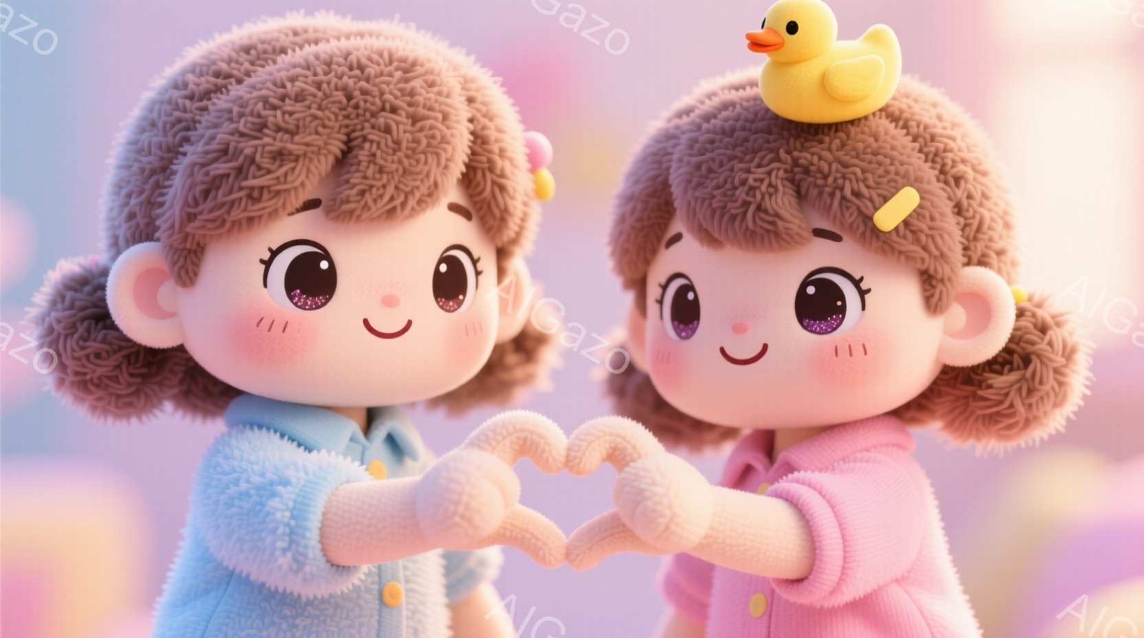 さくさくぱんだ　ふわふわの巻き毛をした2人の幼い女の子が、お互いに手を繋ぎ、ハートの形を作っています。一人は水色の、もう一人はピンク色の、ふわふわとしたセーターを着ており、それぞれ頭に黄色いリボンまたはアヒルの形の帽子を付けています。背景は淡いピンクと紫色のグラデーションで、全体的に温かく、愛らしい雰囲気を醸し出しています。
