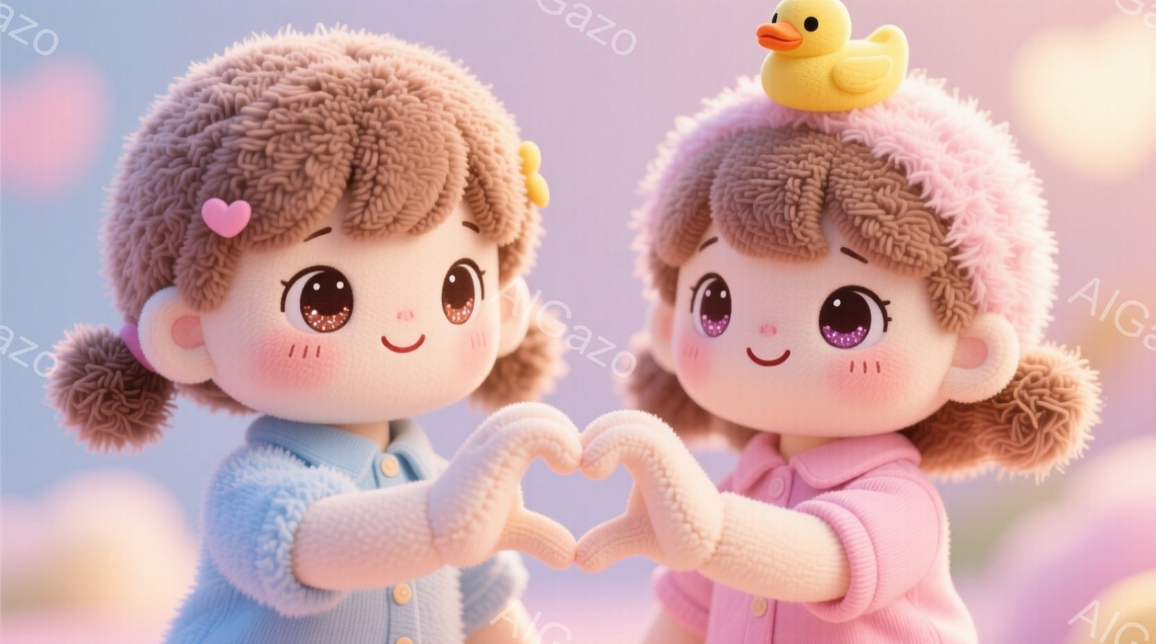 さくさくぱんだ　ふわふわした茶色の髪と大きな目を持ち、ピンクと水色のセーターを着た2人の女の子が描かれています。二人は互いに向き合い、指でハート型を作っています。背景は淡いピンクと紫のグラデーションで、柔らかく優しい雰囲気です。