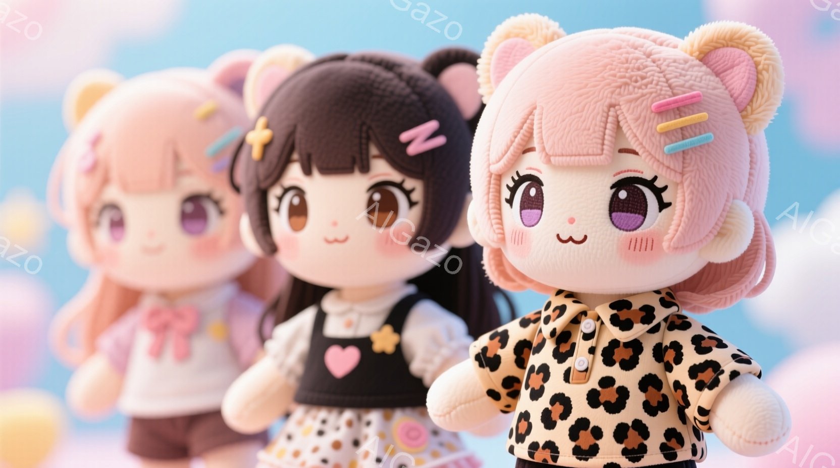 関西シスターズ　この画像には、パステルカラーの背景を背景にした3体のぬいぐるみが見られます。それぞれのぬいぐるみは異なる服装とヘアスタイルをしており、明るい表情で、可愛らしい雰囲気を醸し出しています。背景には、丸いパステルカラーの球体がいくつか浮かび、夢のような空間を演出しています。