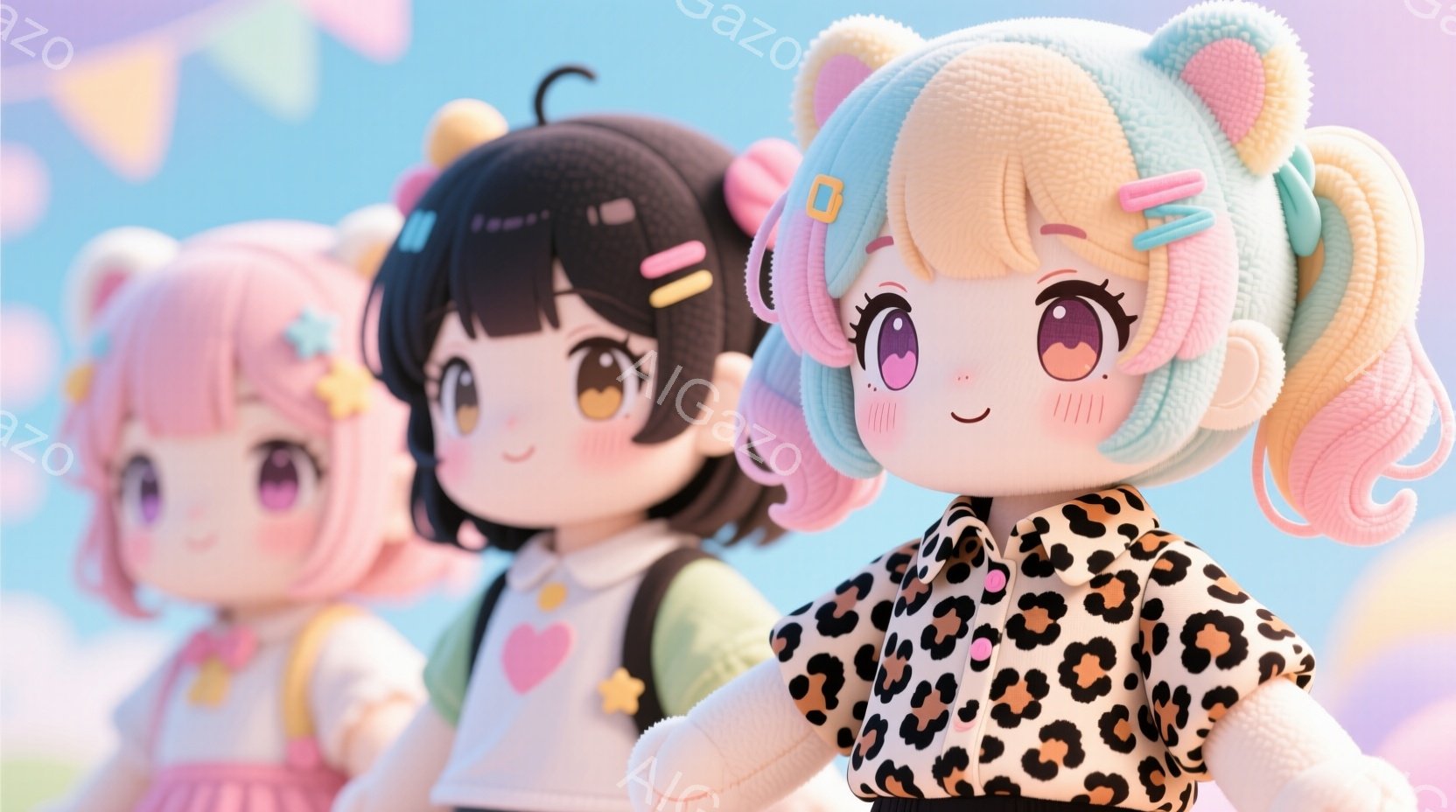 関西シスターズ　この画像には、パステルカラーの背景を背景に、大きな目と愛らしい表情をした3人の人形が並んでいます。それぞれの人形は異なるヘアスタイルと服装をしており、左のものはピンクと白のヘアスタイル - AI生成フリー素材
