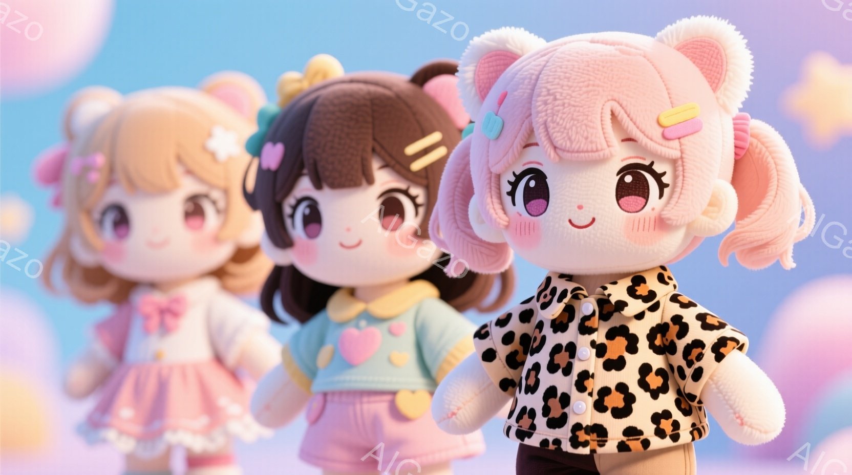 関西シスターズ　画像には、パステルカラーの背景を背景に、3人の可愛らしい人形が並んでいます。各人形は異なる服装とヘアスタイルをしており、左からピンク色のドレスを着た金髪、水色のトップスとピンク色のショートパンツを着た茶髪、そしてヒョウ柄のジャケットを着たピンク色の髪人形です。人形たちは皆笑顔で、可愛らしい雰囲気を醸し出しています。