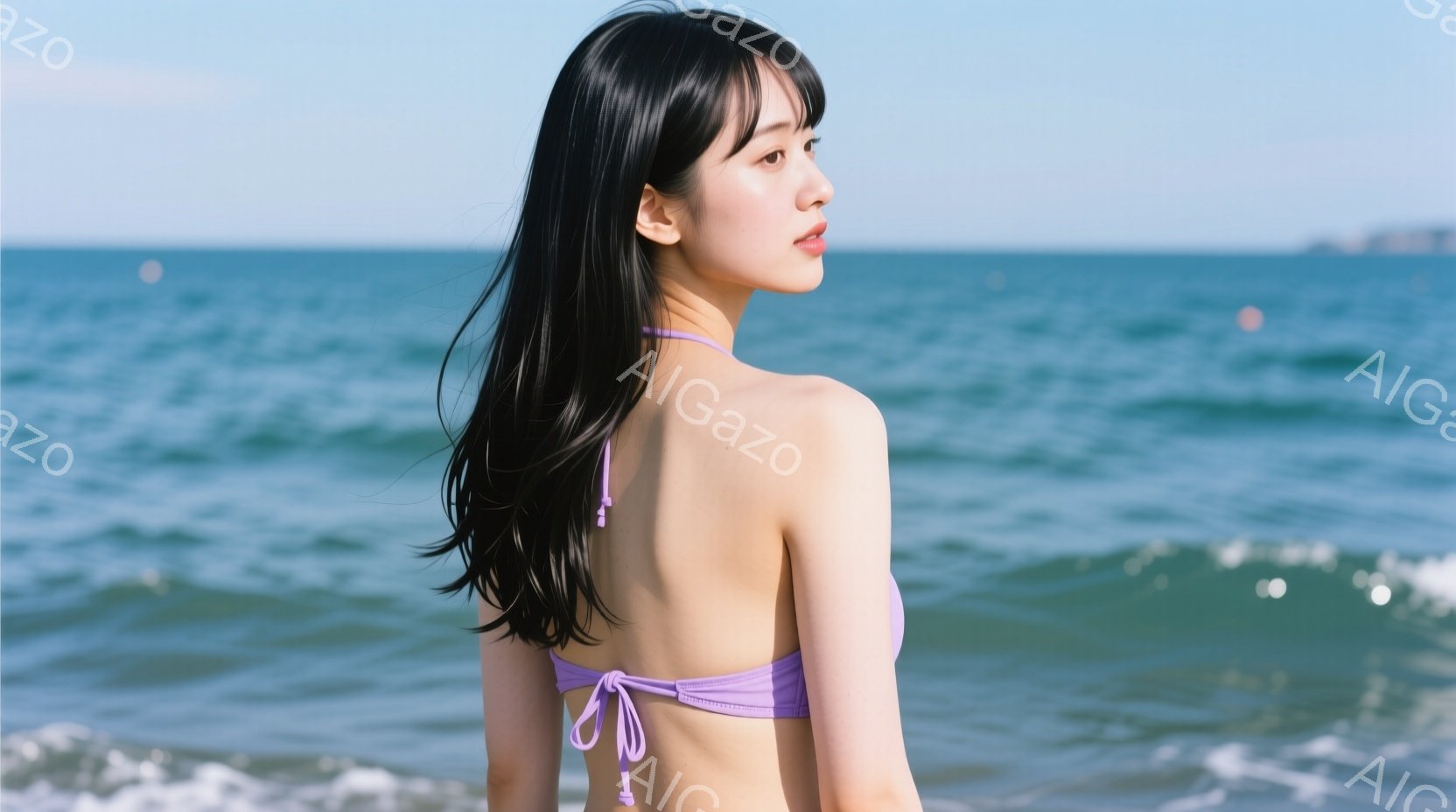 黒髪の女性が紫色のビキニを着て、後ろ姿を見せています。彼女は少し肩を丸めており、リラックスした雰囲気です。背景には穏やかな海と、遠くに見える建物があり、晴れた日のビーチの風景が広がっています。 - AI生成フリー素材