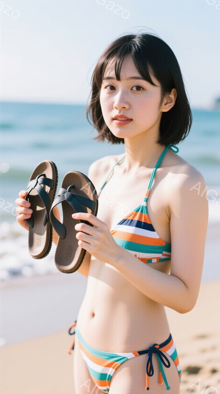 茶髪の短いヘアスタイルをした若い女性が、ストライプのビキニを着て砂浜に立っています。彼女は両手にサンダルを持ち、少し微笑んだ表情でカメラを見ています。背景には青い海と空が広がり、晴れた日の穏やかなビー - AI生成フリー素材