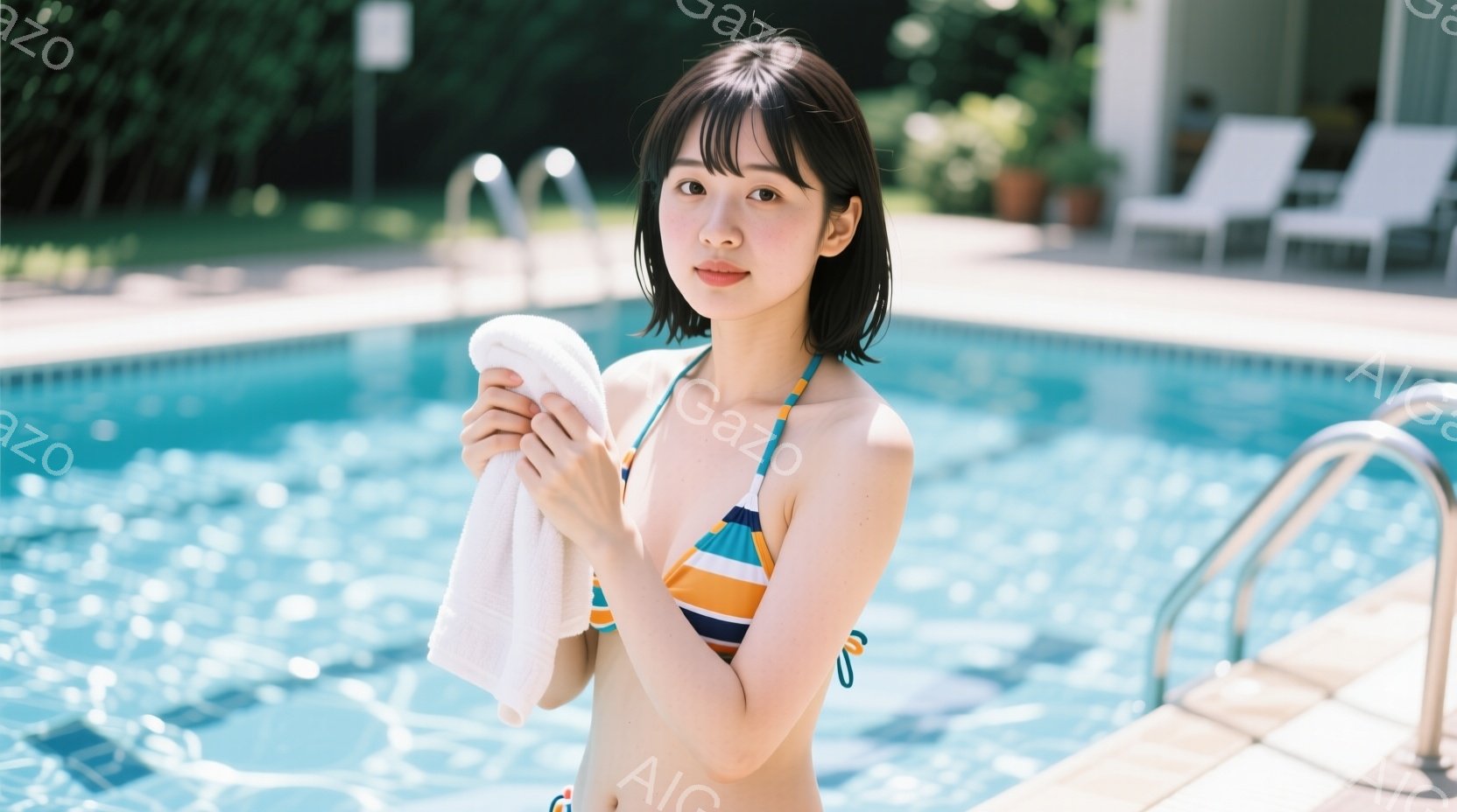 黒髪の女性がプールサイドに立っており、オレンジと白のストライプのビキニを着用し、片手に白いタオルを持っています。彼女は穏やかな表情でカメラを見つめており、リラックスした雰囲気です。背景には青いプールと - AI生成フリー素材