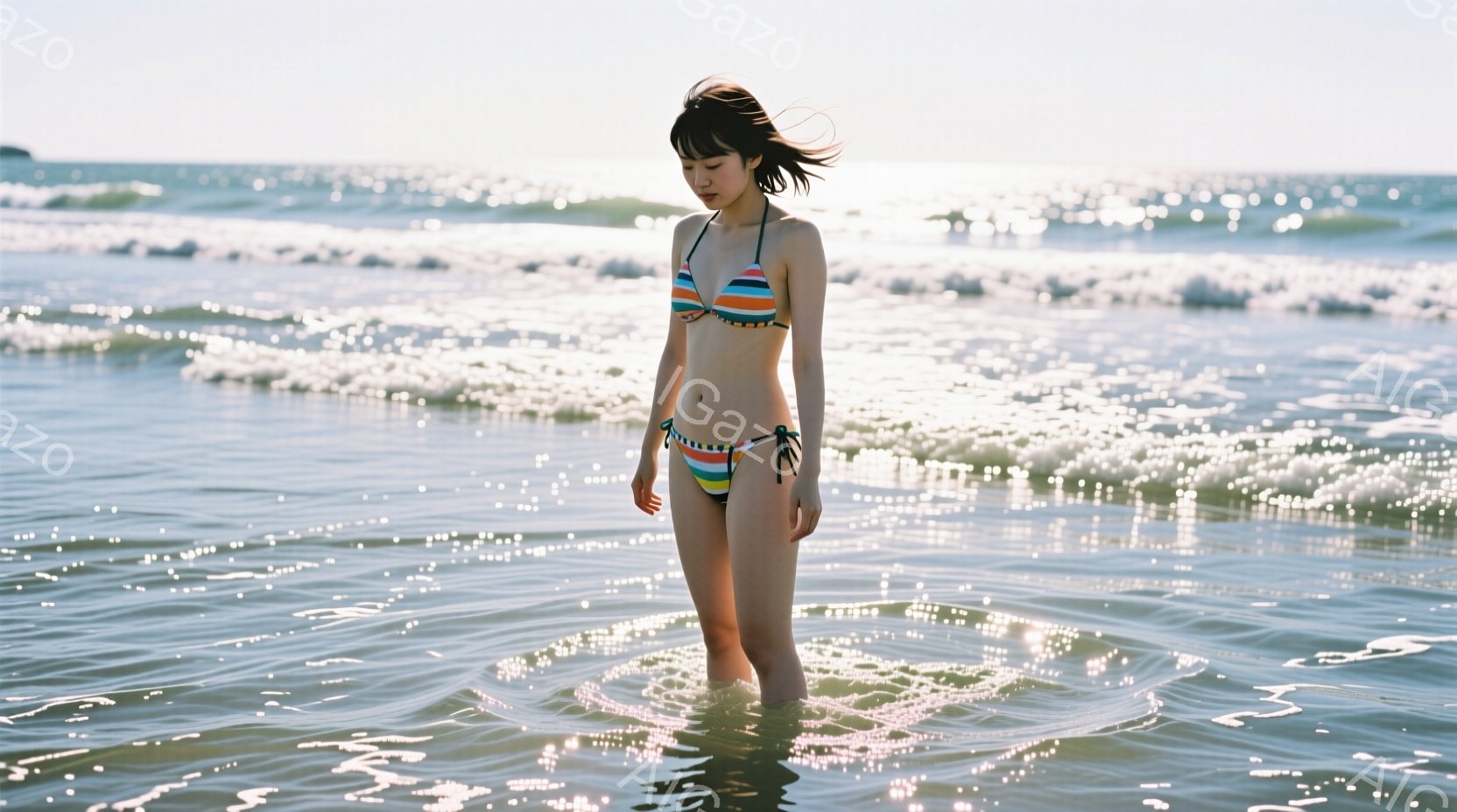 女性は水中で立ち、カラフルなビキニを着用し、濡れた髪が風になびいています。穏やかな波が彼女の周りで渦を巻き、背景には青い海と明るい日差しが広がっています。全体的に、リラックスした夏の雰囲気と自然な美し - AI生成フリー素材