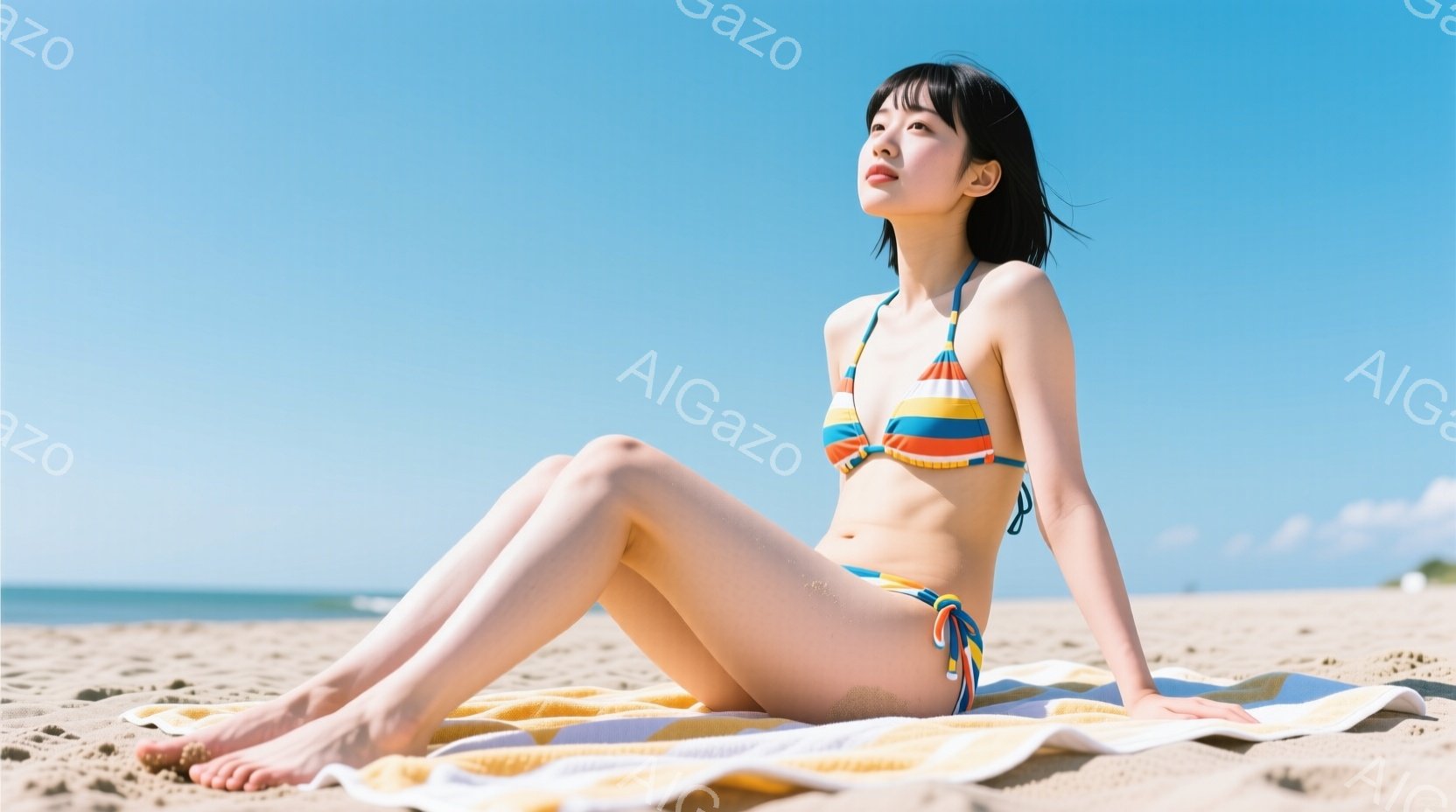 砂浜に横たわる女性が写っています。彼女はストライプのビキニを着ており、黒髪を短く切っています。背景には青い空と穏やかな海が広がり、晴れた日のリラックスした雰囲気が漂っています。 - AI生成フリー素材