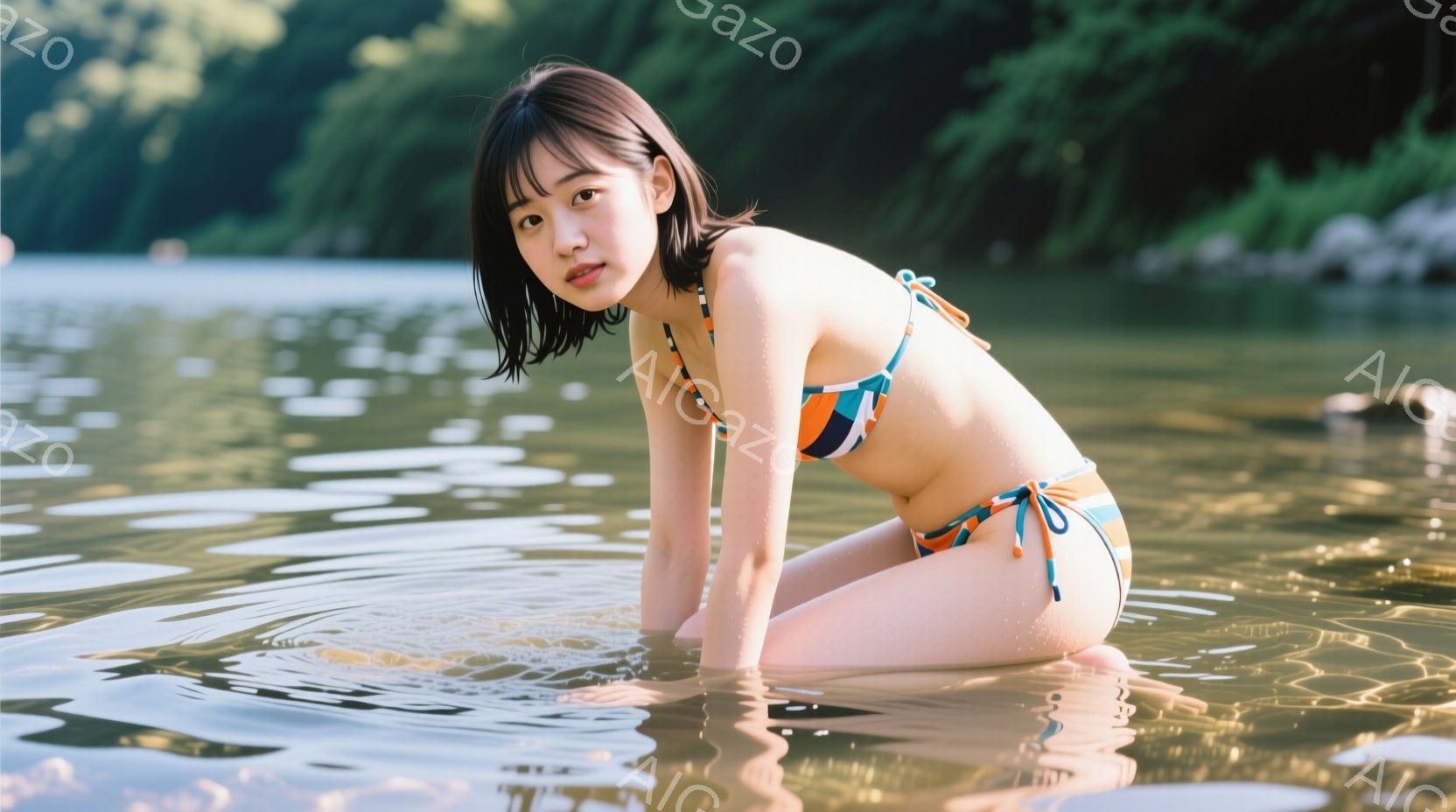 短い黒髪の女性が、水の中に膝まで浸かり、こちらを見ている。オレンジと青のビキニを着ており、表情は穏やかで少し微笑んでいるように見える。背景は緑豊かな自然で、水面には光が反射し、全体的に爽やかで夏らしい - AI生成フリー素材