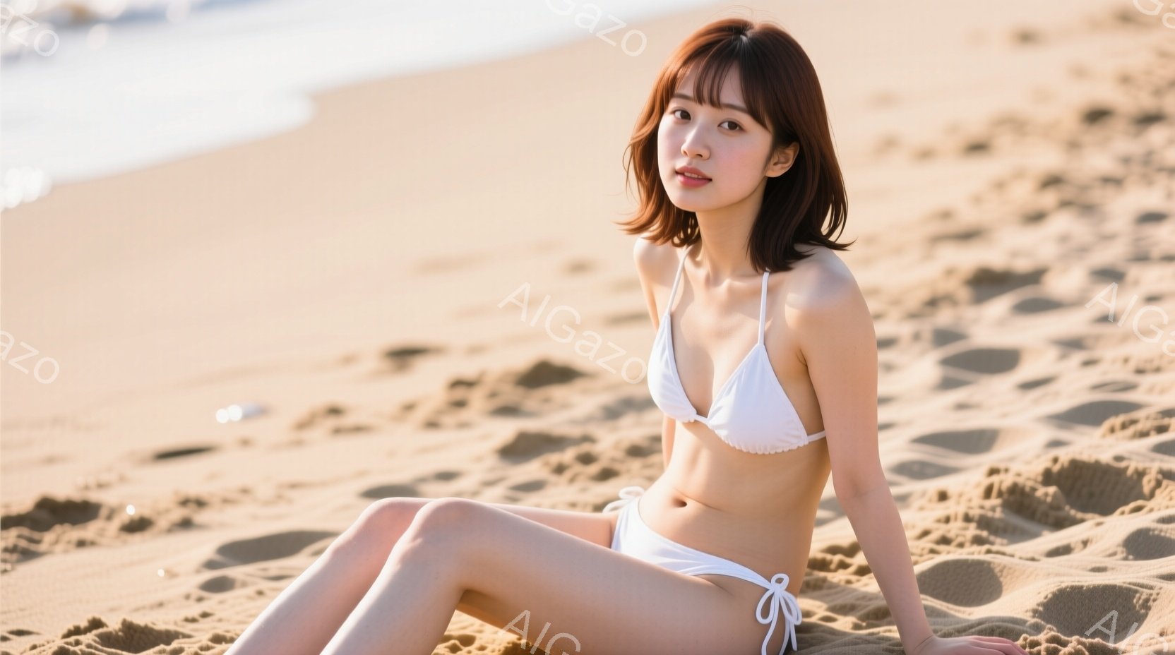 白いビキニを着た若い女性が砂浜に座っています。彼女は肩までの長さの茶髪で、わずかに微笑んでいます。背景は明るい砂浜と海で、晴天の穏やかな雰囲気です。 - AI生成フリー素材