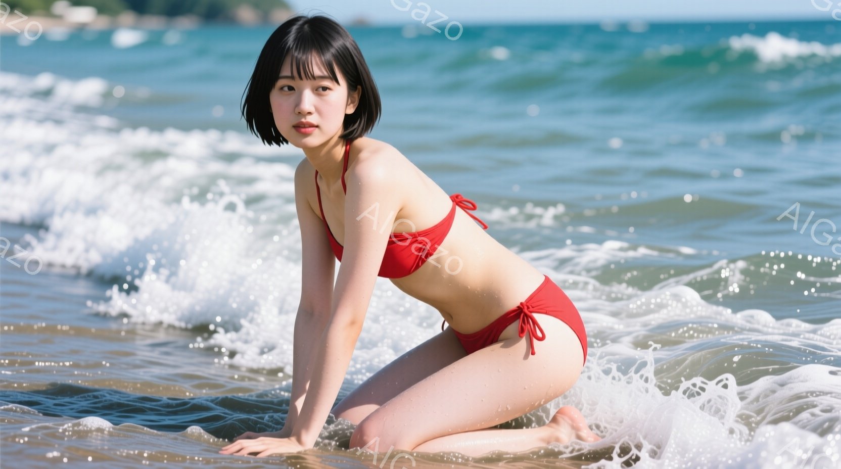 赤いビキニを着た女性が、膝をついて波打ち際にいる。彼女は黒髪のボブスタイルで、少し微笑んでいる表情をしている。背景には青い海と空、そして遠くに見える緑の風景が広がっており、晴れた日のビーチの穏やかな雰 - AI生成フリー素材
