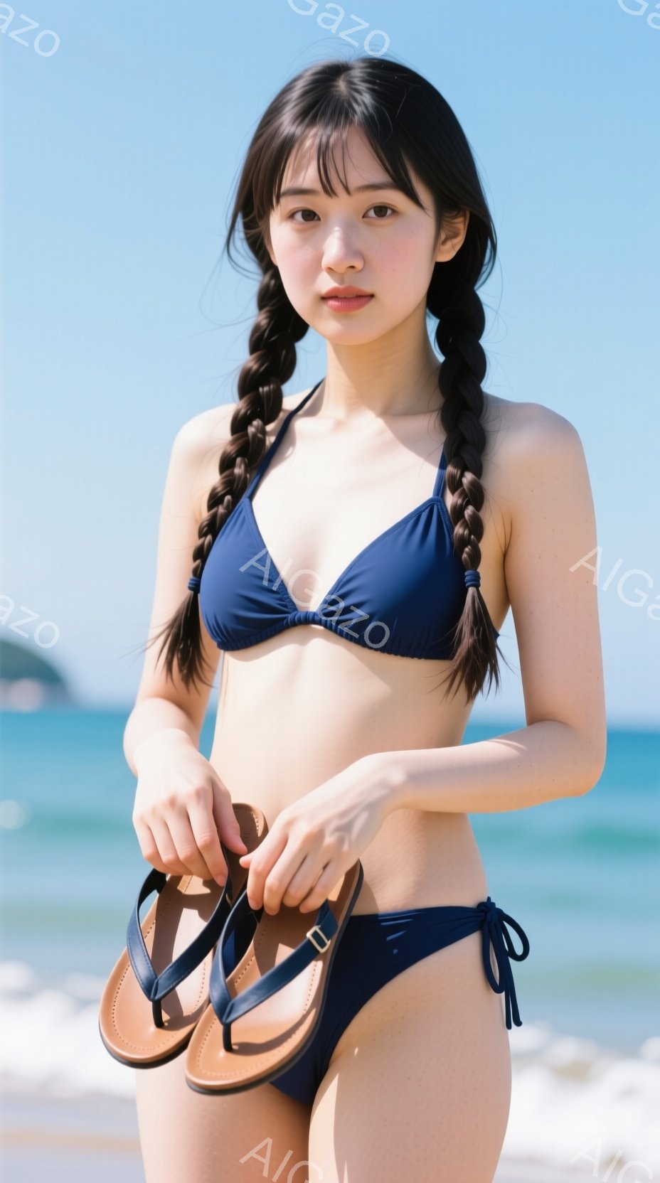 濃い青色のビキニを着た女性が写っています。彼女は両手にサンダルを持ち、軽く微笑んでいます。背景には青い海と白い砂浜が広がり、晴天の下、リラックスした夏の雰囲気が漂っています。 - AI生成フリー素材