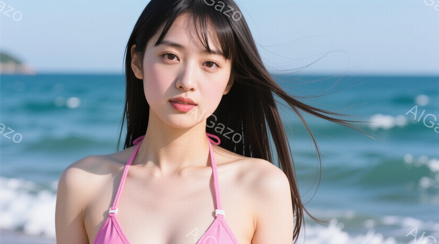 長い黒髪が風になびき、ピンク色のビキニを着た女性が写っている。彼女はカメラに向かって少し微笑んでおり、表情は穏やかでリラックスしているように見える。背景には青い海と白い波が広がり、晴れた日のビーチの様 - AI生成フリー素材