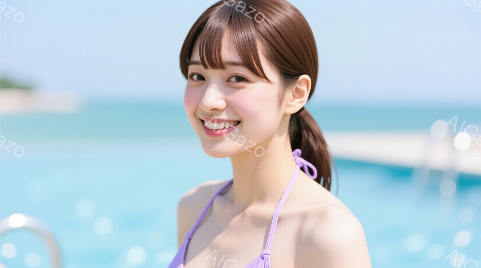 明るい紫色のビキニを着た若い女性が写っています。彼女は笑顔で、髪をポニーテールに結んでいます。背景には青い海とプールがあり、晴れた日差しが差し込んでいます。 - AI生成フリー素材