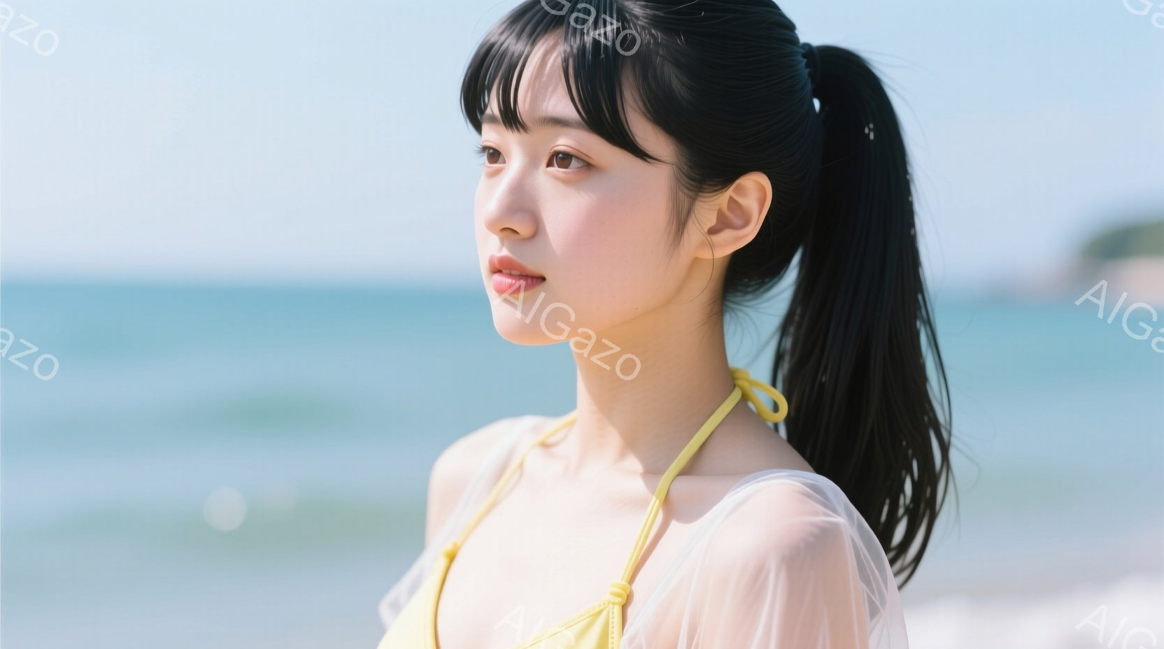 長い黒髪をポニーテールにした若い女性が、黄色いビキニの上に白いシースルーのシャツを着ています。彼女は横顔で、穏やかで少し物憂げな表情を浮かべています。背景には青い海と空が広がり、晴れた日の穏やかなビー - AI生成フリー素材