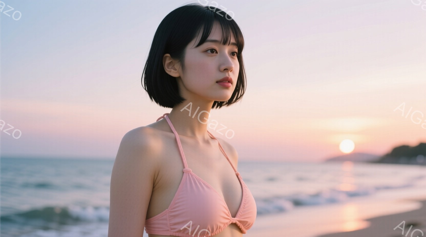 長い前髪が特徴的な女性が、ピンク色のビキニを着て、海辺に立っている。彼女は横を向き、夕焼けの海を眺めており、少し憂いを帯びた表情をしている。背景には穏やかな波と夕焼けの空が広がり、全体的に穏やかでノス - AI生成フリー素材
